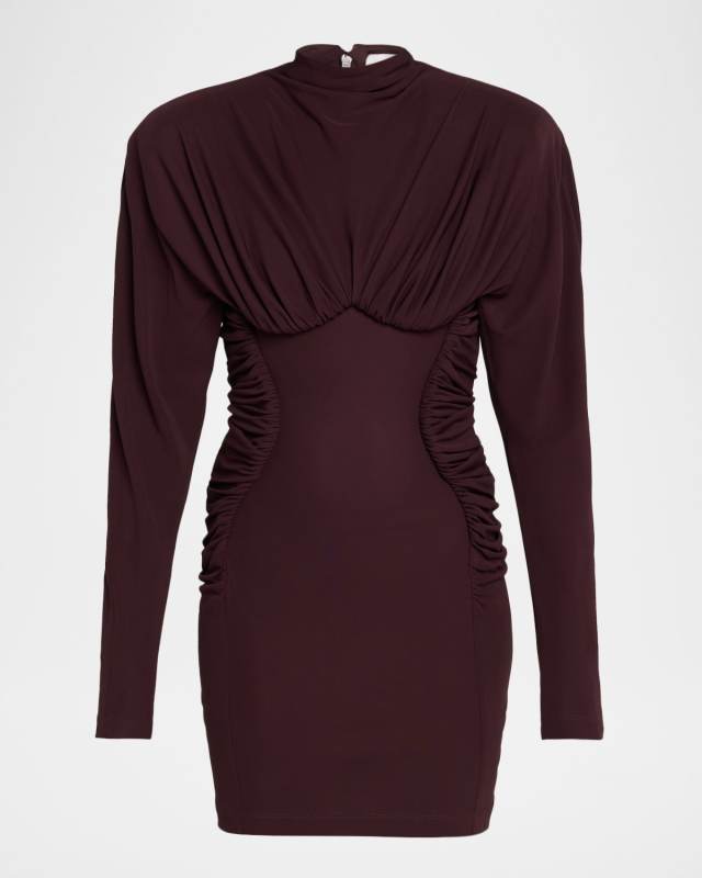 Pleated High-Neck Long-Sleeve Mini Dress